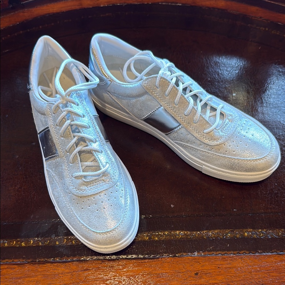 J Slides Silver Sneakers Sleek Sporty Design